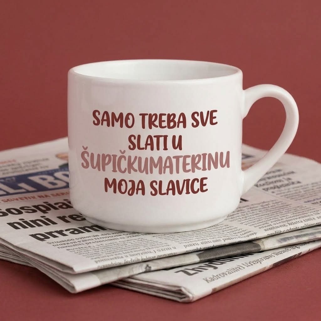 Bela šoljica sa natpisom Samo treba sve slati u šupičkumaterinu moja Slavice